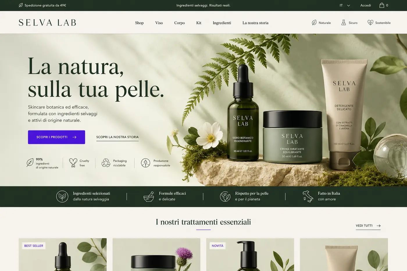 Concept e-commerce per un brand di skincare naturale