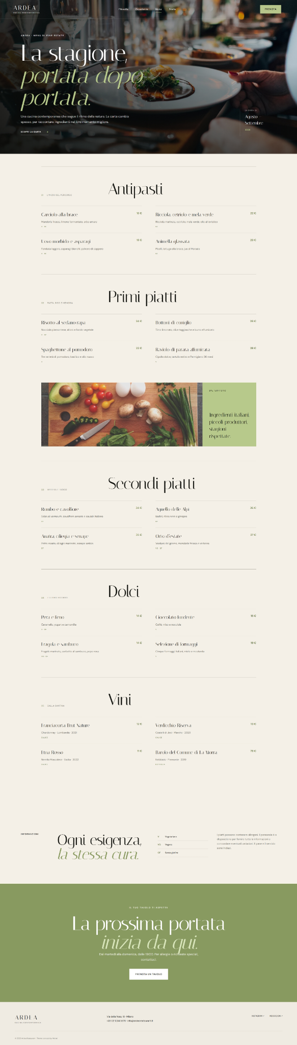 Homepage e menu digitale realizzati per il ristorante Ardea